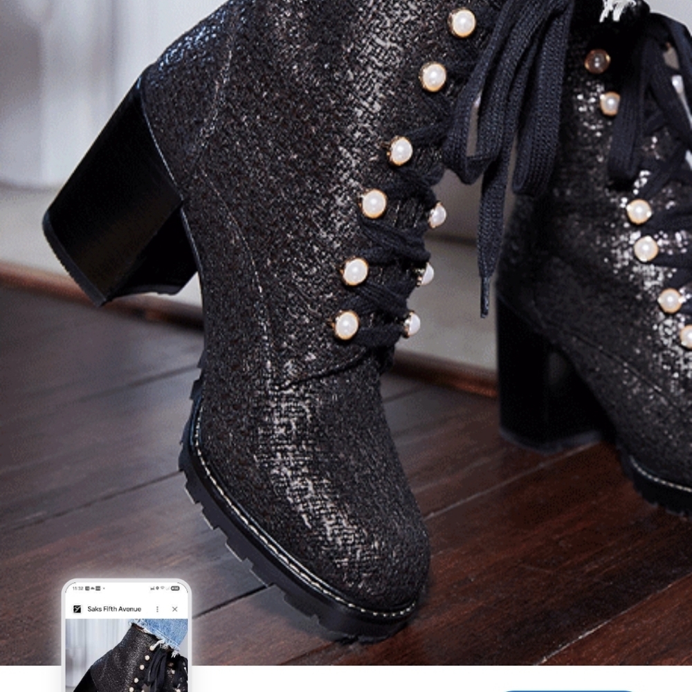 Saks Fifth Ave Ivey Black Tweed Lace Up Boots with Pearl Accents. Size 7 New